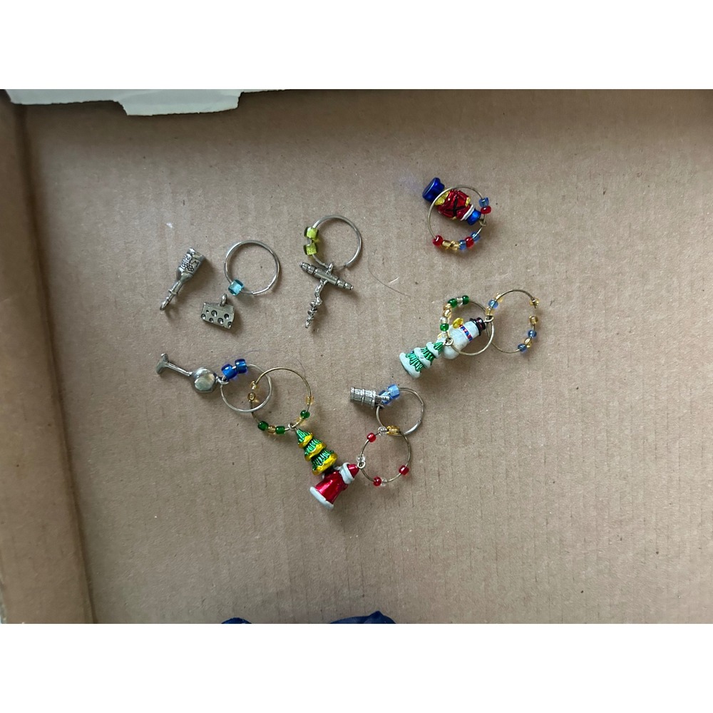 Vintage Wine Glass Charms Lot Christmas Holiday Wine Cheese Theme 8pc Set